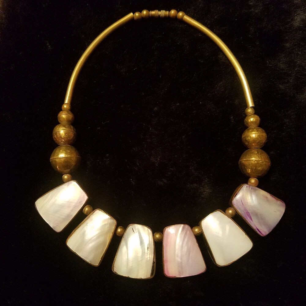 Mother of Pearl Inlaid Shell Necklace, Vintage Brass Choker Collar